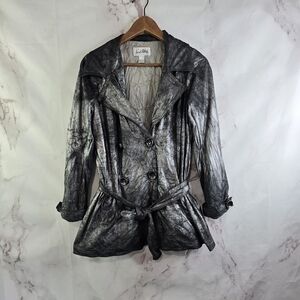 Joseph Ribkoff Jacket Womens Medium 10 Silver Crinkle Tie Metallic Trench